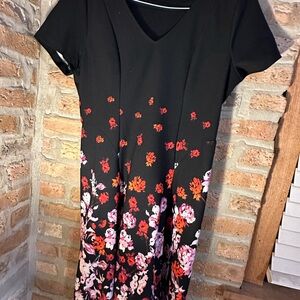 Apt. 9 Black Midi Dress with Red and Pink Floral Pattern